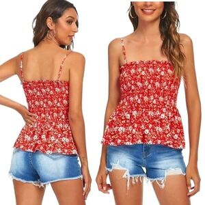 Red‎ Floral Smocked Peplum Camisole Top Spaghetti Strap Square Neck Women XS/S